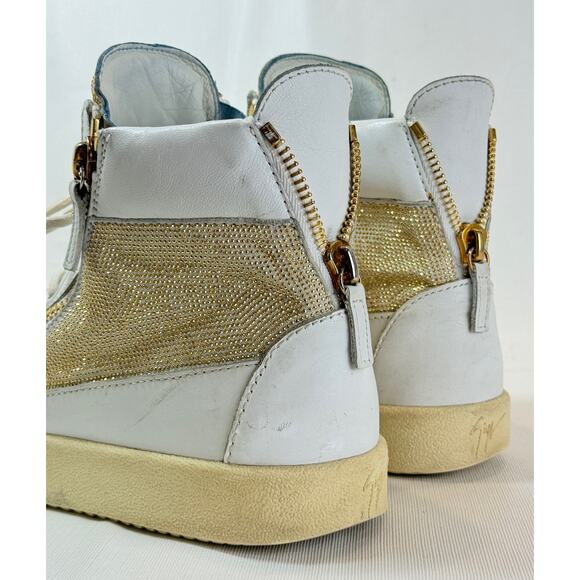 Giusseppi Zanotti Hightop Sneakers Womens 40 10 White Leather Gold Studded Boot - Picture 11 of 16